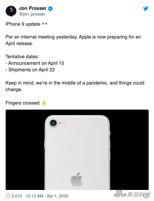 传iPhone SE 2代将于4月15日发布 22日开售
